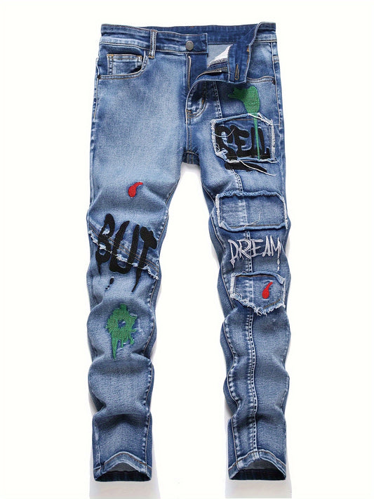 Boys' trendy embroidered graffiti jeans in stretch cotton blend denim with elastic waistband and cuffs, machine washable.