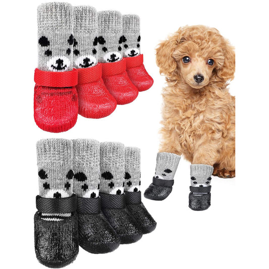 Waterproof dog socks with anti-slip rubber sole for all size pets, adjustable strap, durable polyester material. Perfect for outdoor use on hardwood floors. Reflective dog boots for safety.