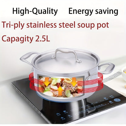 Upgrade your kitchen with our Premium 2.5L Tri-Ply Stainless Steel Soup Pot. This induction-compatible pot is designed for durability and comes with a lid to help you create perfect soups, stews, and sauces. Don't miss out on this versatile cookware