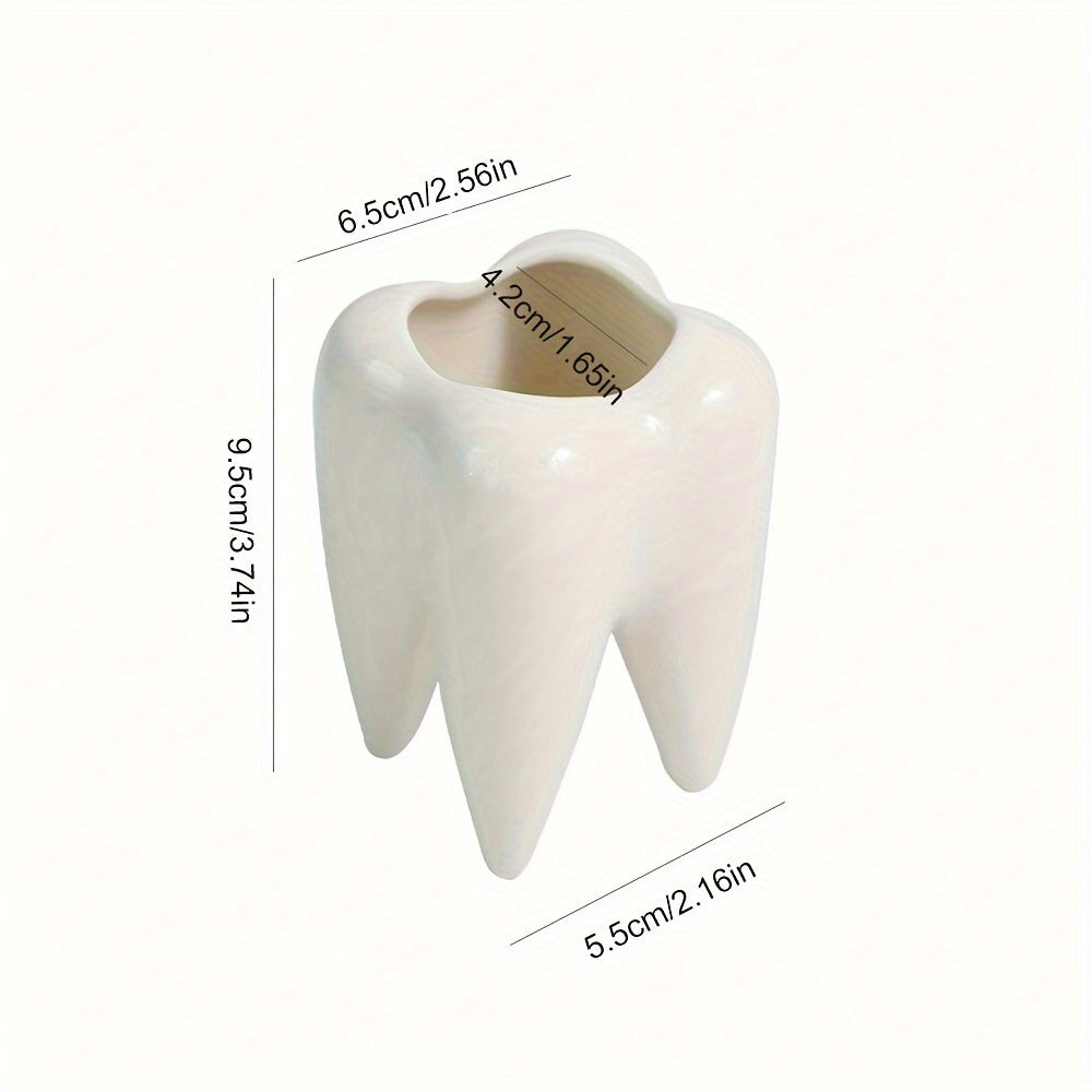 Ceramic tooth-shaped pen holder and succulent pot, rotates 360° for desk organization, ideal for home office and dentist gifts. Cute desk decor and plant holder, perfect for office desk.