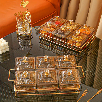 New holiday-themed dried fruit plate trays with multiple compartments for snacks and desserts.