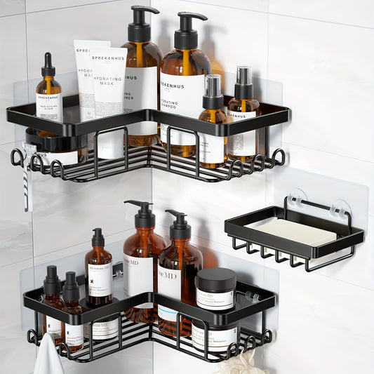 Corner adhesive shower caddy with soap holder, 12 hooks. Rustproof stainless steel organizer for bathroom. Wall-mounted rack in black, no drilling required.