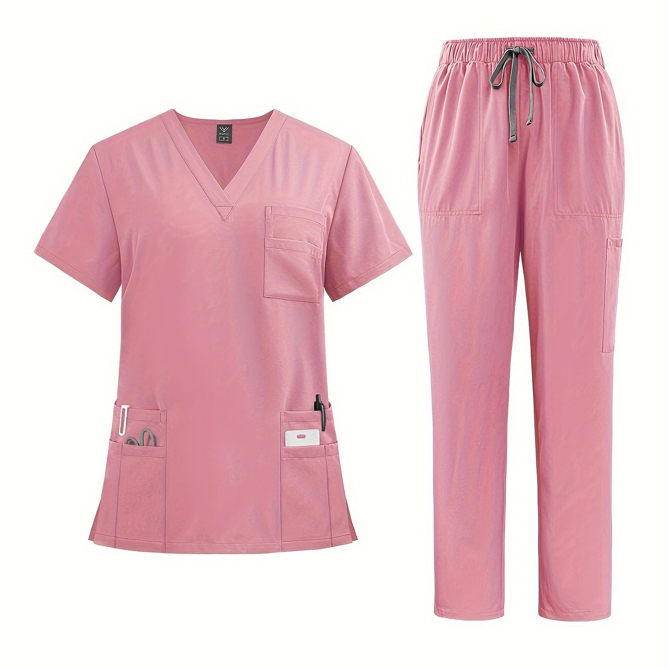 Premium polyester spandex scrubs set with V-neck shirt and straight-leg pants for nurses and surgeons.