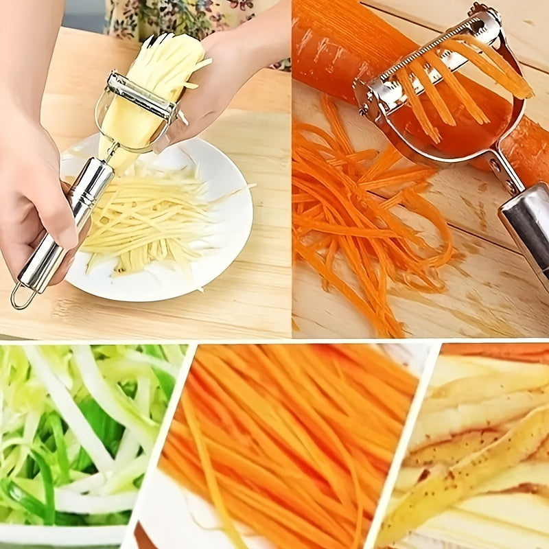 Multi-use stainless steel fruit and vegetable peeler for home, RV cooking, and college dorms.