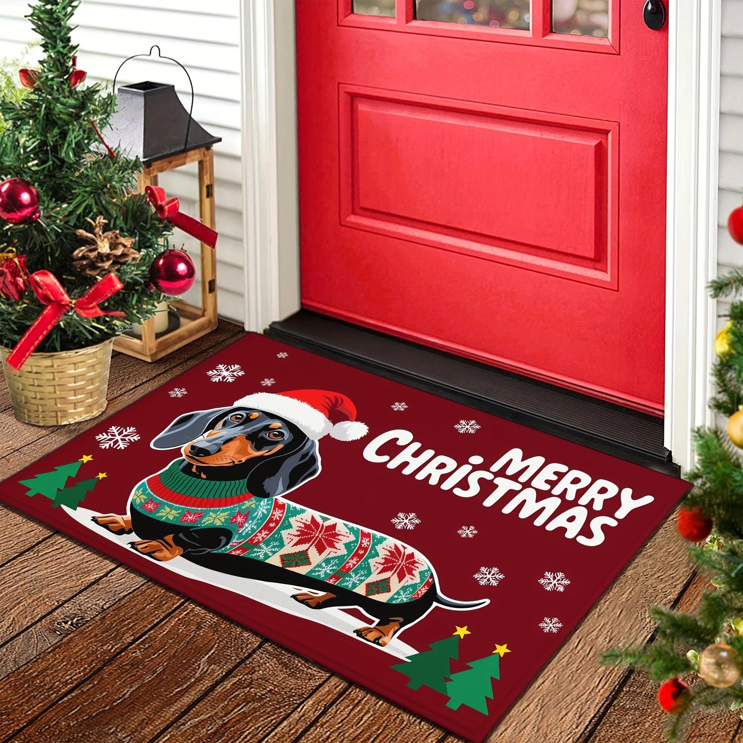 Welcoming Christmas Dachshund Doormat - Non-Slip, Easy-Clean Polyester Mat with Rubber Backing, Lightweight & Durable, Braided Rectangle Floor Mat for Home, Bathroom, Balcony - Festive Dog in Santa Hat for Holiday Decor