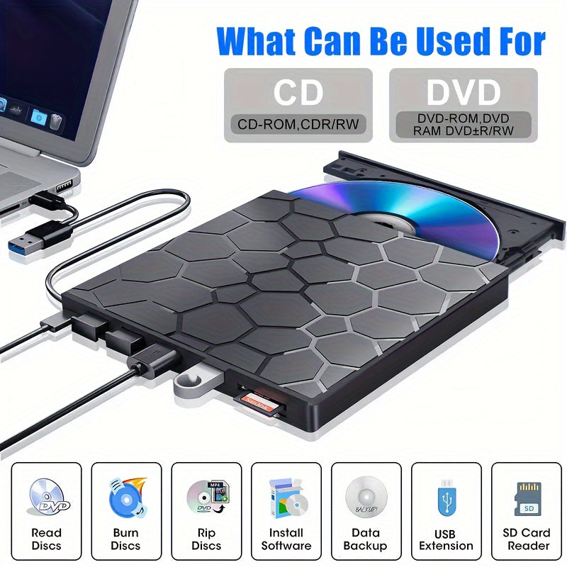 8-in-1 USB 3.0 External CD/DVD Drive: Compatible with Mac, Windows, and Linux for reading, burning, ripping, software installation, data backup, USB extension, and SD card reading.