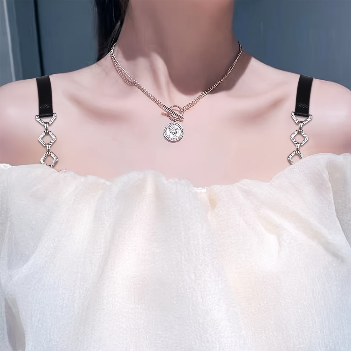 Non-slip shoulder strap for shoulderless bra with hanging neckline, rhinestone embellishments, and wide invisible design.