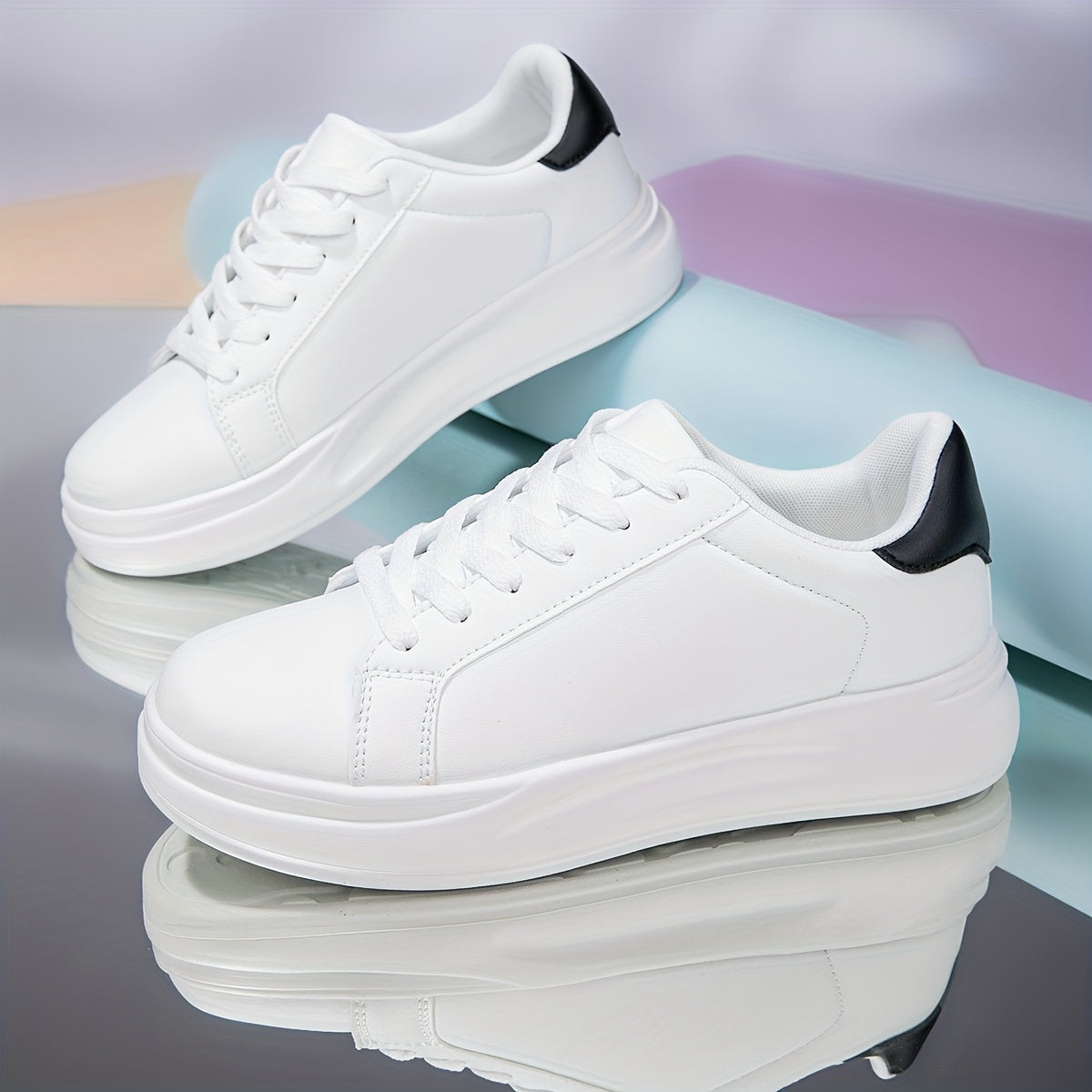 Classic White Sneakers for Women with Waterproof and Height-Boosting Thick Sole, Low-Top Lace-Up design.