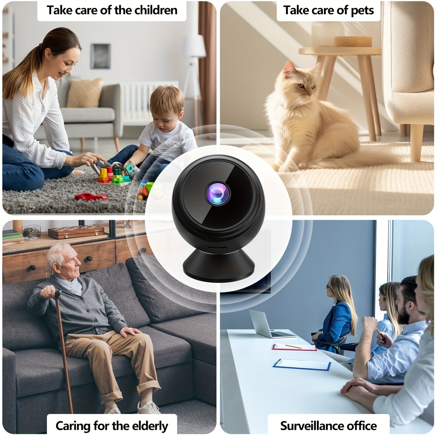 Mini wireless security camera with WiFi, app control, rechargeable battery, not waterproof, compatible with home assistant.