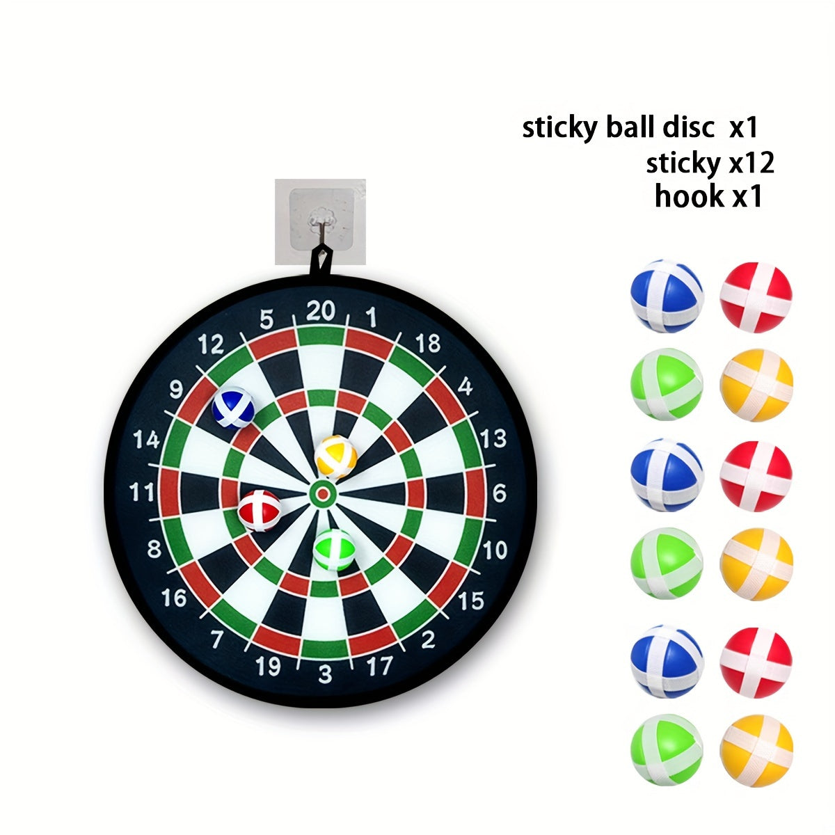 12-piece sticky ball dart plate set for indoor and outdoor play, balance training, parent-youngster interaction, and party games.