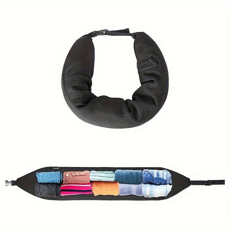 Travel comfortably and efficiently with the Portable 3-in-1 Neck Pillow, featuring built-in clothes storage. Made with a soft knitted polyester cover that is easy to spot clean with no printing, this lightweight pillow weighs only 250-300 gsm. An