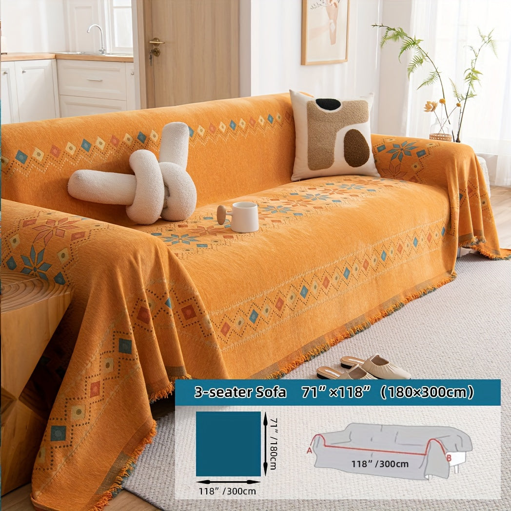 Boho-style sofa cover for all seasons with non-slip feature, suitable for bedroom, office, living room, and home decor.