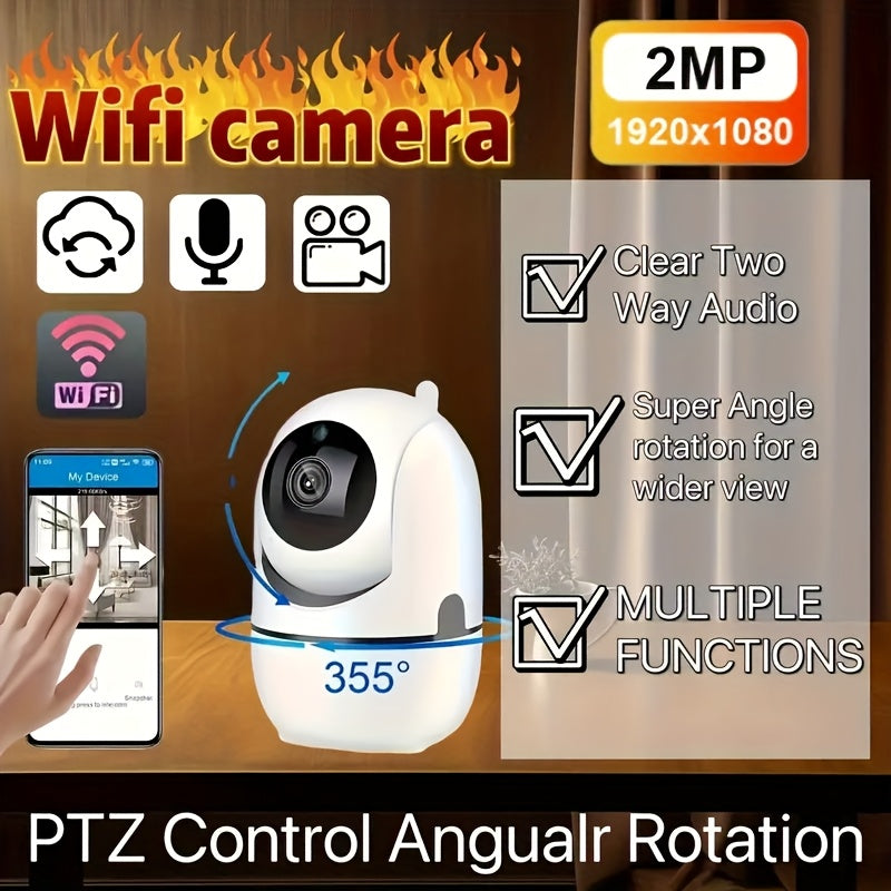 WiFi-enabled home security camera with 1080p resolution, infrared night vision, motion detection alerts, two-way audio, wireless surveillance capabilities, USB power option, and pan/tilt control. Compatible with mobile devices (SD card not included).