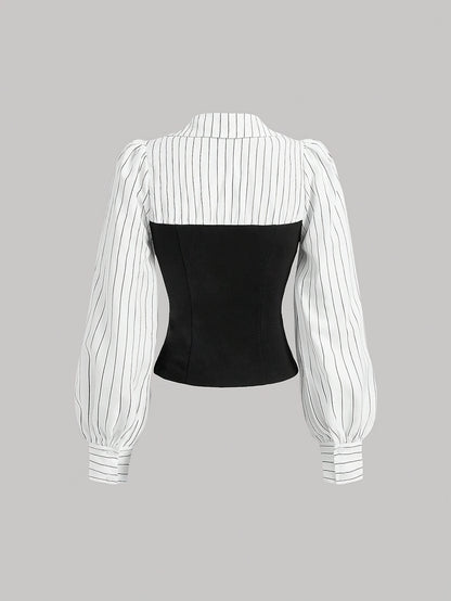 Striped polyester blouse with collar detail, machine washable, perfect for spring/fall.