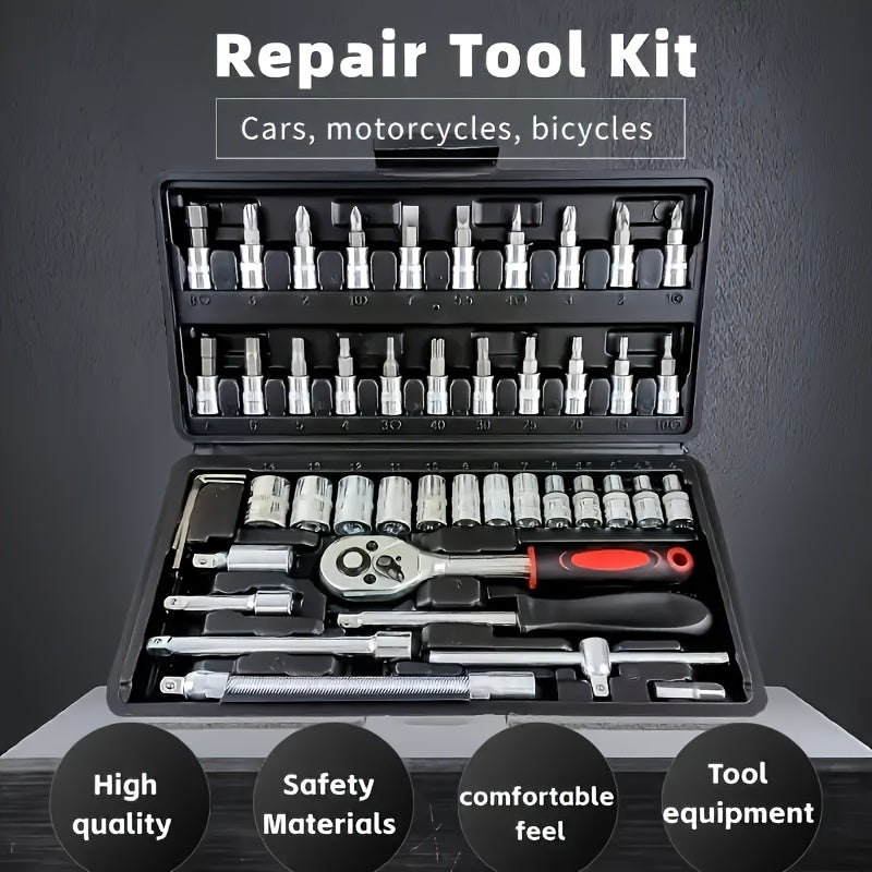 46 piece professional auto repair tool box with portable and durable ratchet wrench set for car, boat, motorcycle, and home industrial repair. Includes carrying case.