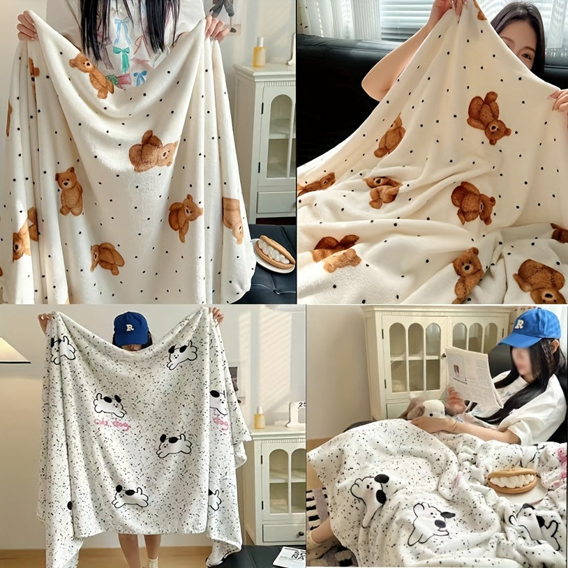 Soft fleece throw blanket featuring a cute bear and puppy print. Made with ultra-soft digital print polyester that is suitable for all seasons. Lightweight and machine washable, perfect for use on the sofa, bed, or for an office nap. Contemporary style