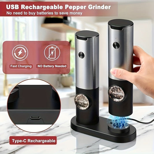 Grinder Set for Grilled Meat, Pepper and Salt with Automatic Function, Adjustable for Single-Hand Operation, USB Rechargeable, Two-Piece Gift Set