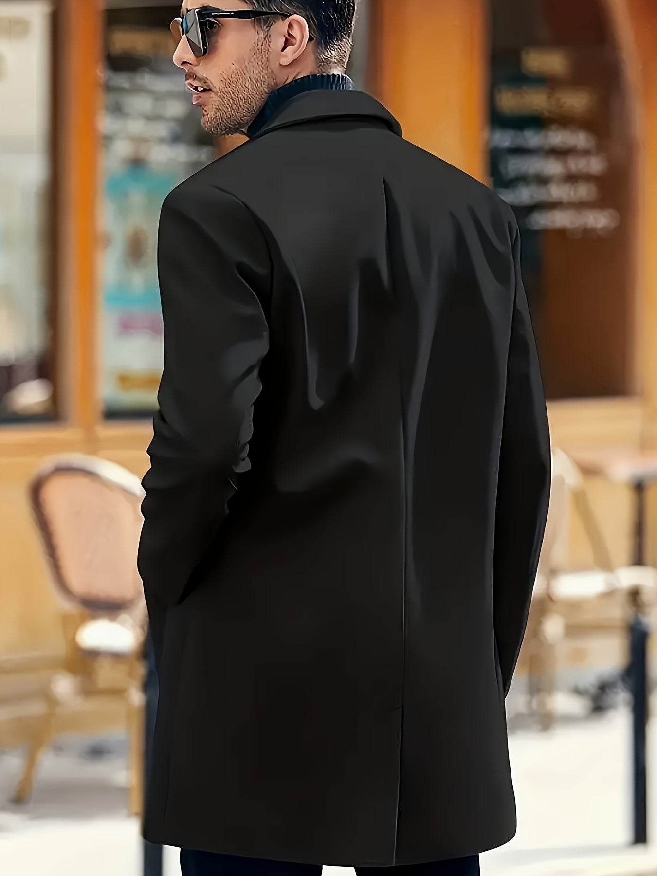 Men's plus size casual trench coat made of 100% polyester solid color non-stretch woven fabric with lapel collar, button detail, and loose fit, suitable for spring/fall outerwear.