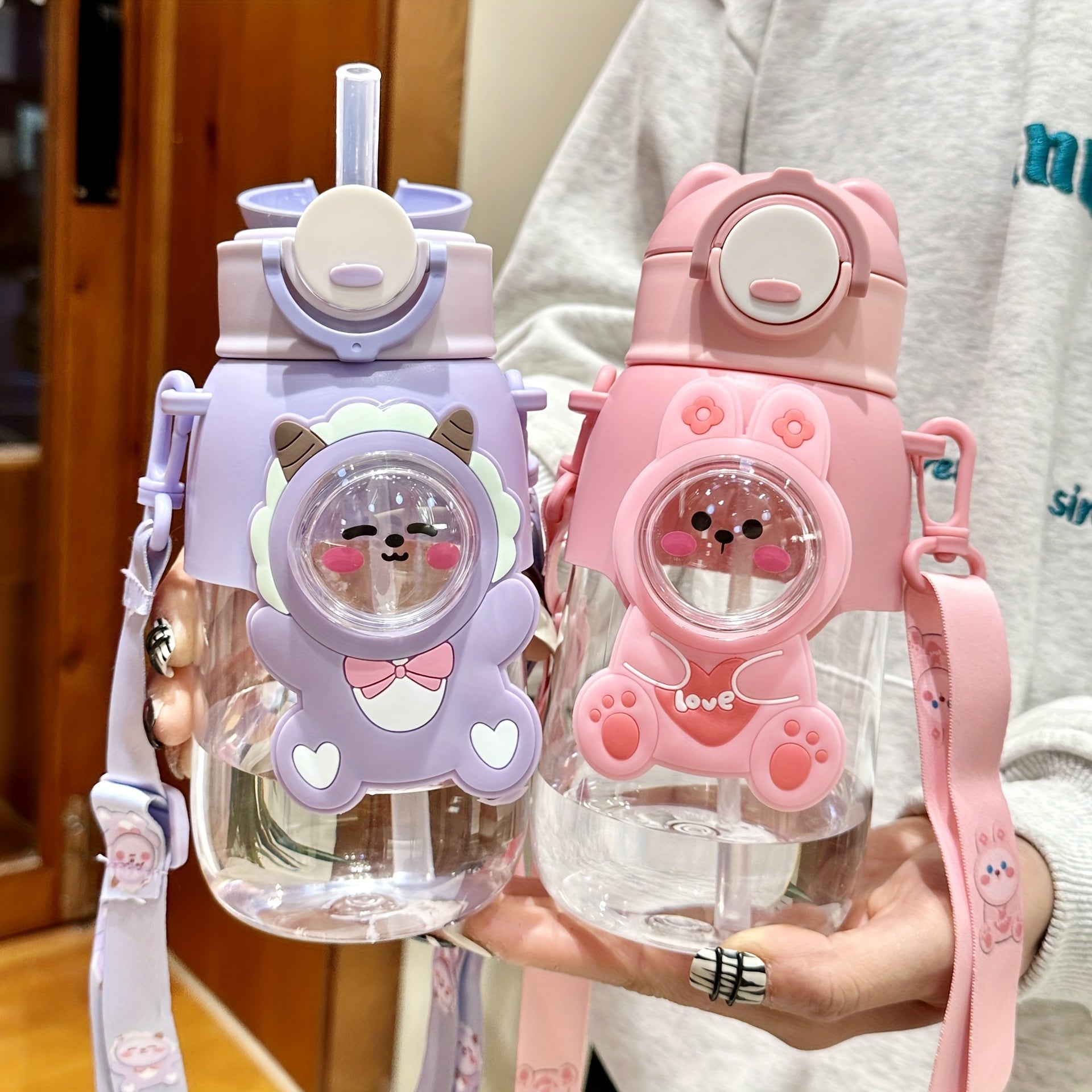 1pc Cute Cartoon Straw Water Bottle- Leak Proof Flip Top, Hand Wash Only, Ideal for Outdoor Activities, Travel, Fitness- Round Shape, PVC Free PC Material.