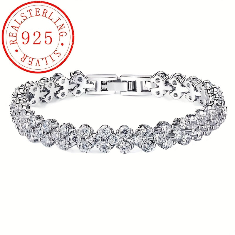 This elegant tennis bracelet is made of high-quality 925 sterling silver and features synthetic Moissanite stones. With its classic luxury design, this unisex bracelet is the perfect accessory for daily wear or gift-giving. It is also suitable for all