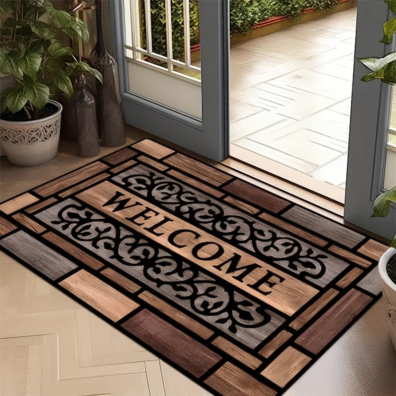 Inviting Entryway: Wood-Texture Door Mat with Anti-Slip Backing, Long-Lasting Polyester Material, Resistant to Stains - Perfect for Home Decor and Welcoming Guests