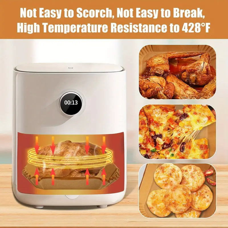 Square Air Fryer Liners - Pack of 100, Made with Food Grade, Heat and Oil Resistant Paper for Baking, Roasting, and Microwave Use. Durable, Easy to Clean, High Temperature Resistant Silicone Coating. Foldable for convenience.