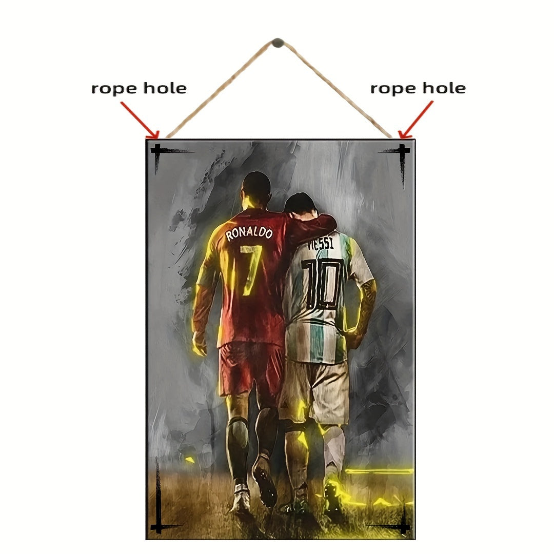 Wooden wall plaque featuring Messi & Ronaldo, ideal for living room or study decor. Size: 19.99cm x 13.46cm, no electricity required.