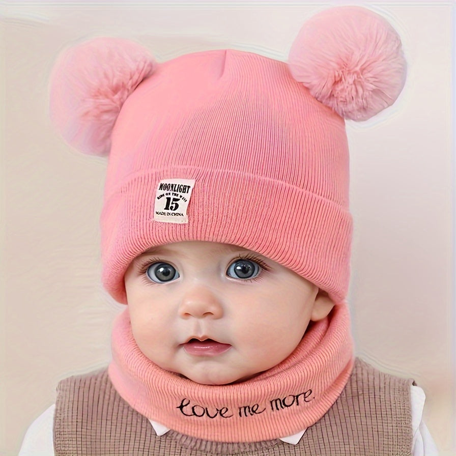 2-piece set of cozy knitted beanie with pom pom and snood featuring alphabet design, ideal for fall/winter, birthdays, and casual attire.