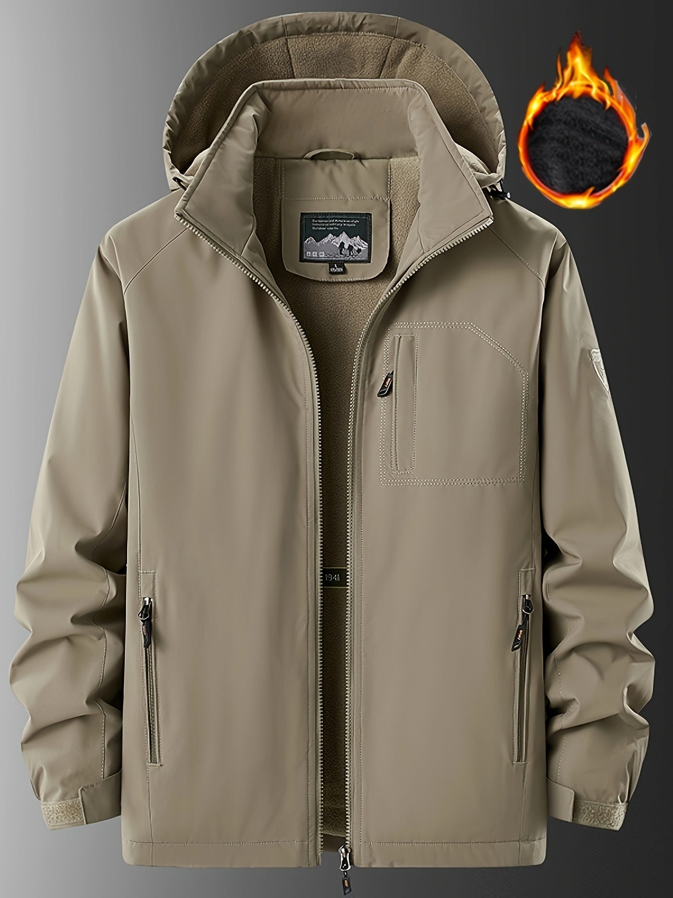 Men's winter jacket made of 100% polyester. Features waterproof and windproof qualities, detachable hood, multi-pocket design with zippered pockets, warm fleece lining, and solid color.