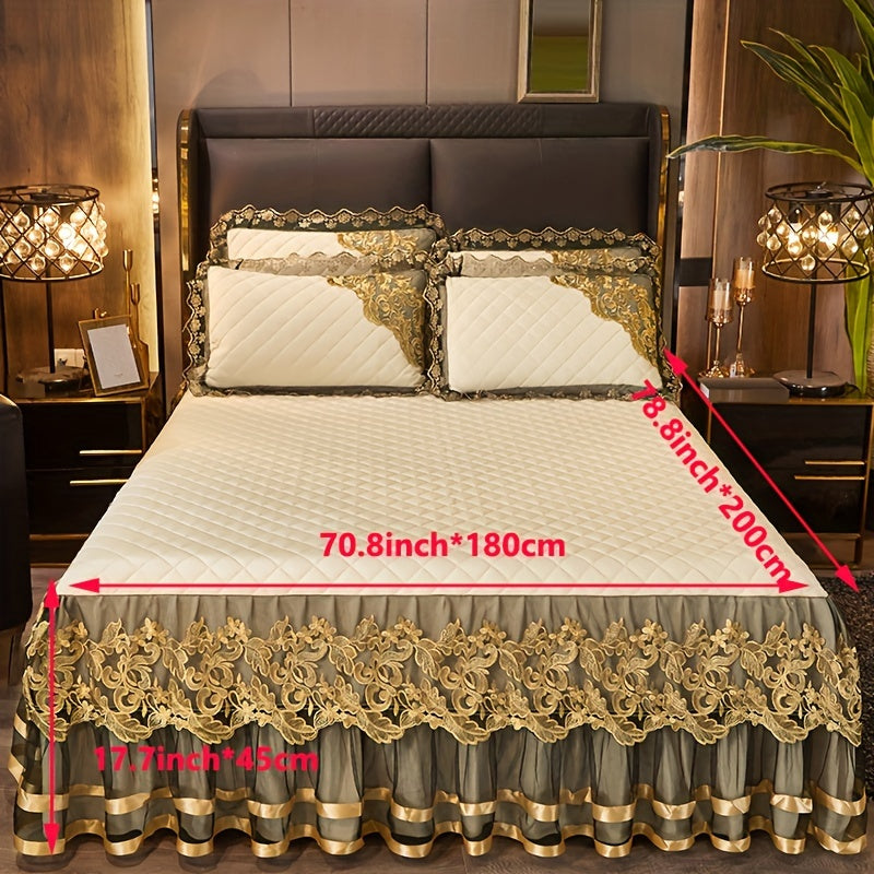 3-piece set of solid color bed skirts with lace detail, including 1 bed skirt and 2 pillowcases. Features a quilted layered design with elegant ruffled accents. The moisture-wicking, wrinkle-resistant mattress cover includes ties for easy removal.