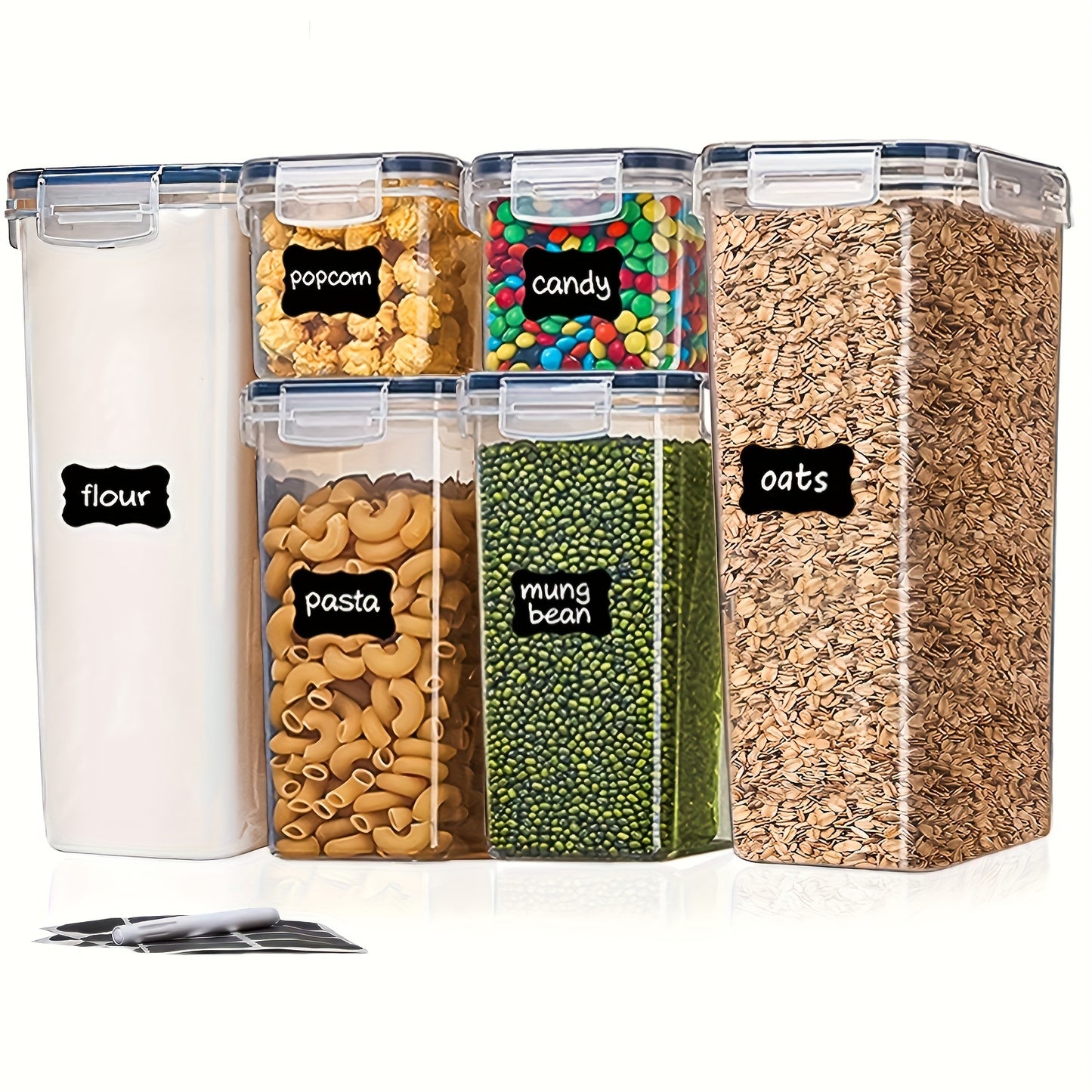 6-piece BPA-free food storage container set with labels and marker for RV pantry organization.