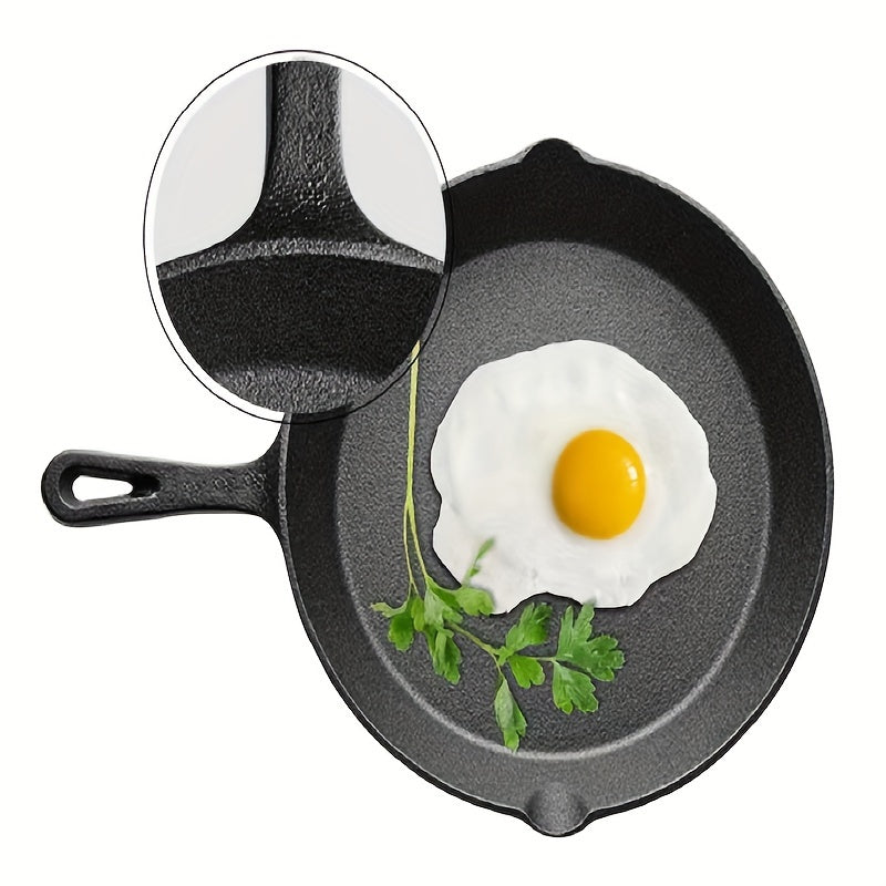 Top-quality Cast Iron Skillet featuring a pre-seasoned, non-stick surface that is ideal for making flawless eggs and pancakes without any smoke. This versatile skillet is suitable for use in the oven and can be used on both electric and gas stoves.