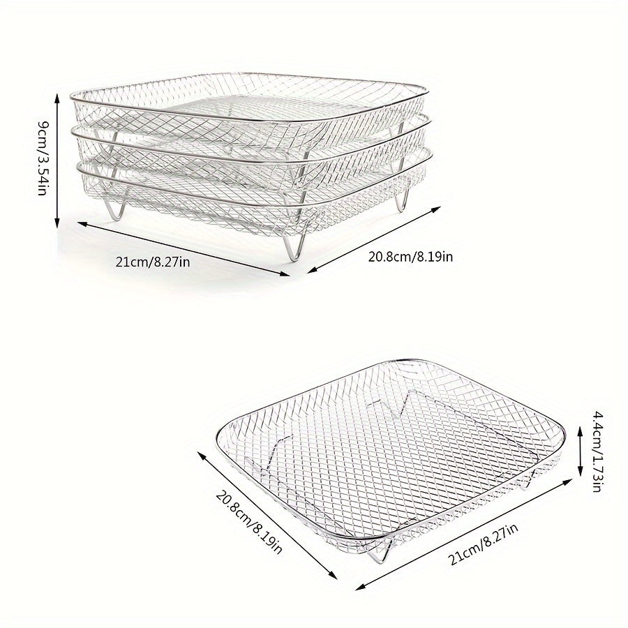 Set of stainless steel air fryer accessories includes a versatile stackable rack, dehydrator stand, BBQ basket, grilling rack, oil brush, and food tongs. Compatible with square air fryers, this kit comes in a 1/3 piece set.