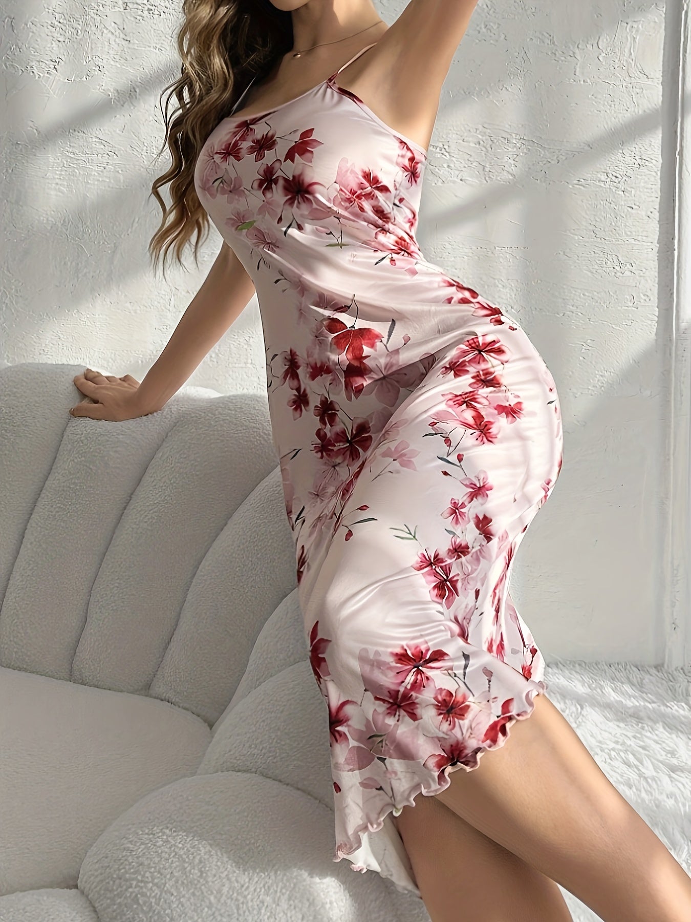 Floral print slip nightdress with lettuce trim, backless design, perfect for lounging and sleeping.