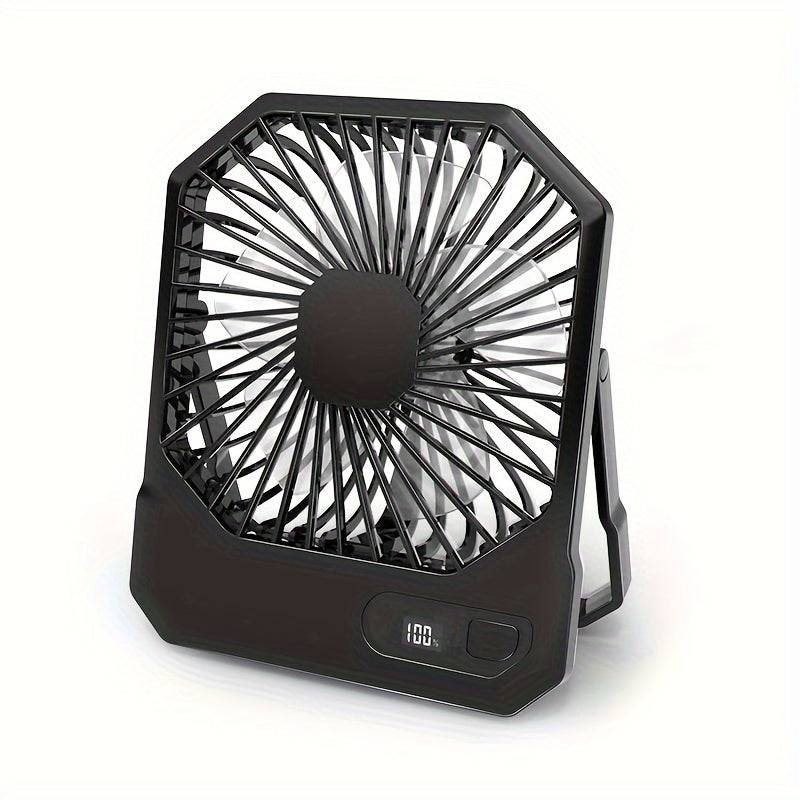 Introducing the 1pc Portable USB Desktop Fan with Digital Display. This 3-speed 6-inch mini cooling fan offers 180° silent operation and is perfect for indoor and outdoor use. With button control and a rechargeable lithium battery, it's ideal for home