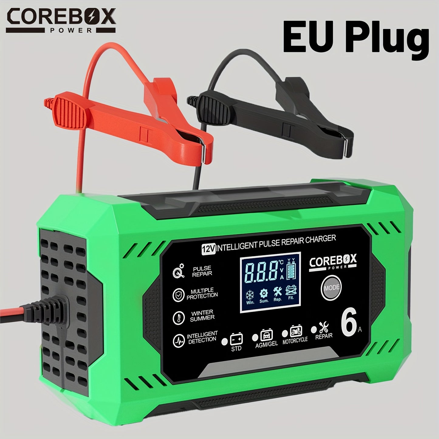 COREBOX EU Plug Battery Charger for vehicles and machinery with LCD Display, 12V 6A. Suitable for Lead Acid batteries.