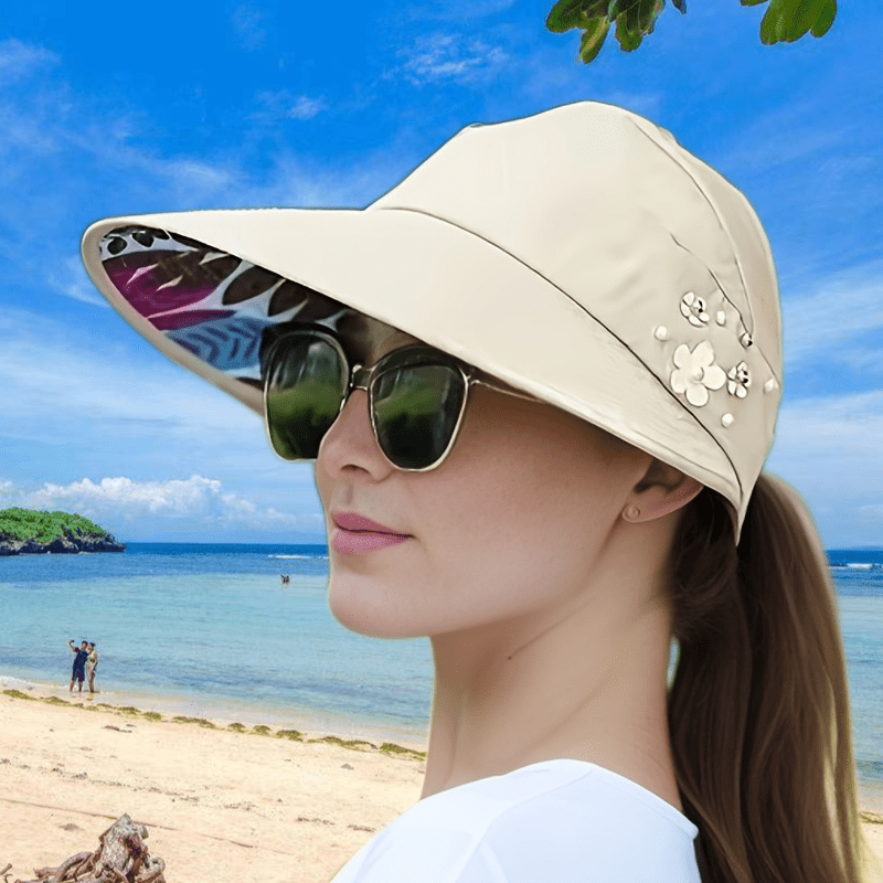 Stylish beaded sun visor for women with UV protection and foldable design, perfect for daily outdoor use.