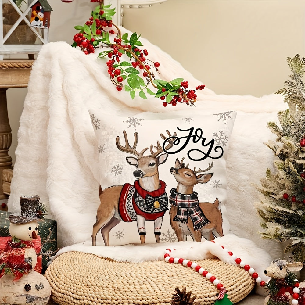 Add a touch of modern style to your home with this Linen Throw Pillow Cover featuring a festive Reindeer and Snowflake design. This machine washable cover has a convenient zipper closure and is made from a high-quality woven fabric in mixed colors.