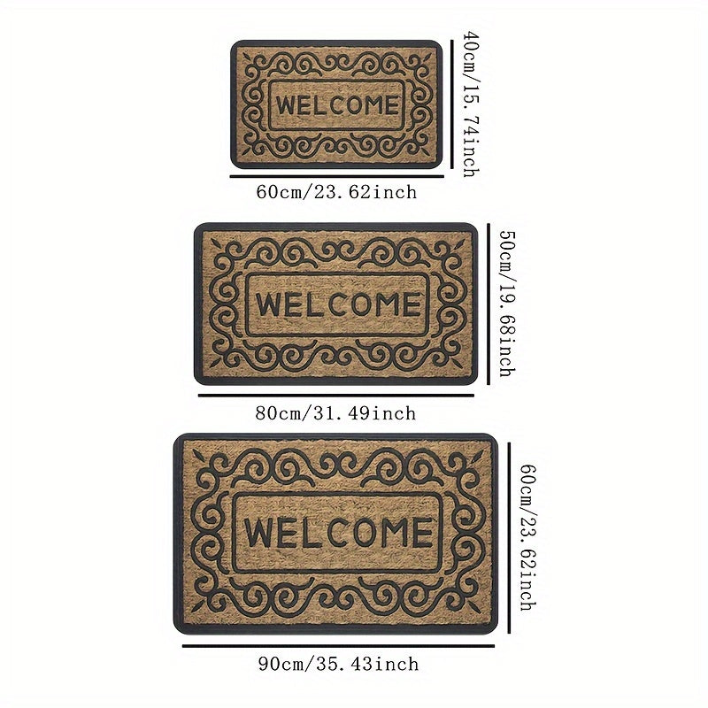 Welcome guests with the 1-piece Welcome Doormat featuring a non-slip PVC backing. This machine washable rectangle flannel textile entrance mat is perfect for both indoor and outdoor use. Use it as home décor or a washable area mat.