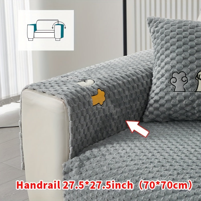 Modern honeycomb fleece sofa cover with embroidered design, pet-friendly protection for furniture, plush slipcover for various sofas. One-piece design with anti-slip backing for home and office decor.