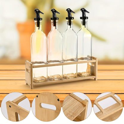 Set of 4 Vinegar and Oil Bottles with a Pure Natural Bamboo Rack, 500ml High Clarity Glass Oil Can, and Black and White Labeled Oil Separator for Organized Storage of Kitchen Oil and Vinegar