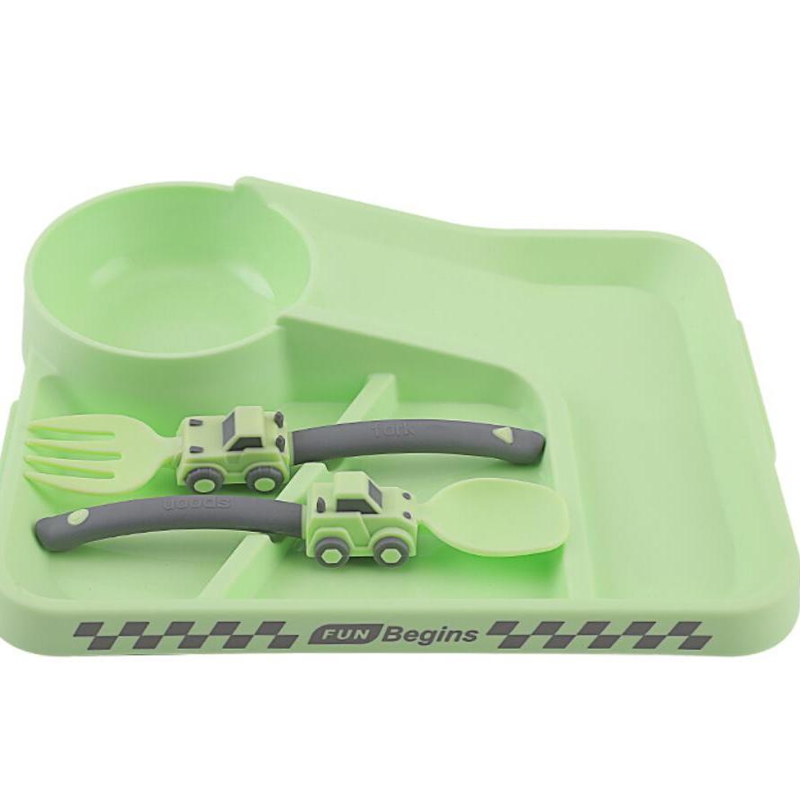 Easter Gift Set: Children's Cartoon Racing Dinner Plate with Fork, Spoon, and Baby Self-Feeding Cutlery. Includes Food Supplement Divided Bowl and Non-Slip Dinner Plate with Suction Cup.