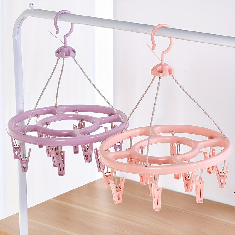 Get the 1pc12 Clip Round Drying Rack made of plastic. It can rotate 360 degrees, making it windproof. Hang your socks easily with this multifunctional rack that can also be used for infant and toddler clothes storage. The hook can also be used for