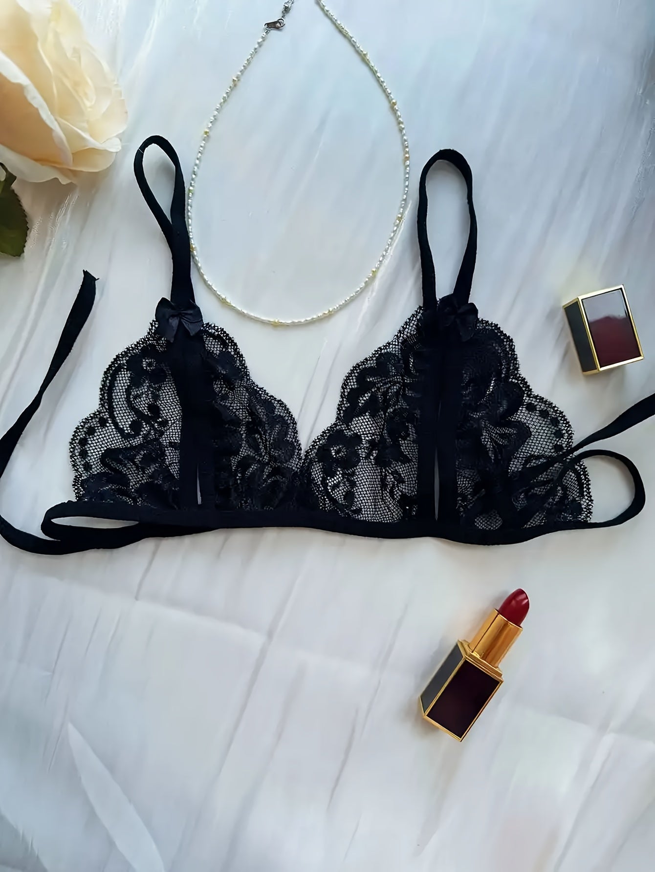 Women's Sexy Deep V-Neck Hollow Out Lingerie Set with Bra and Thong.