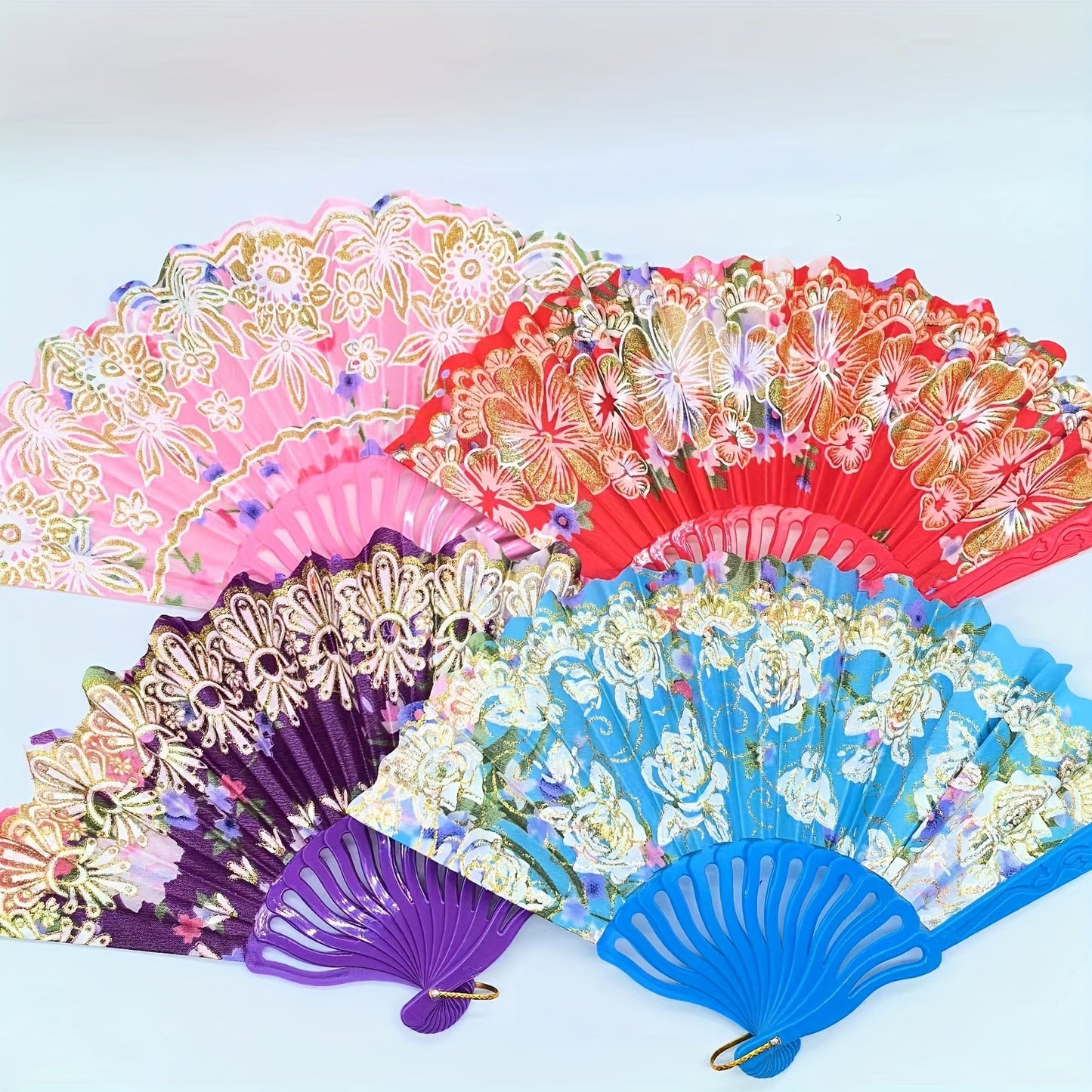 Beautiful Floral Fan Collection - Set of 12/6 Portable Folding Fans made with Linen Fabric & Plastic, adorned with Golden Glitter details and featuring a variety of Patterns