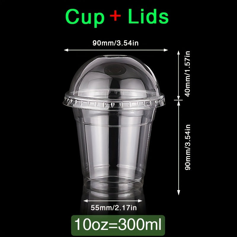 50 pieces of transparent plastic cups with lids, each holding 9oz to 10oz. Perfect for festivals, parties, serving cold drinks, desserts, and coffee. Essential party supplies for any occasion. Add these drinkware accessories to your collection!