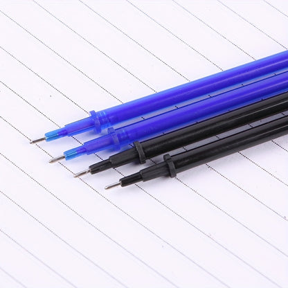 Set of 100 erasable gel pen refills, 0.5mm tip size, in blue/black ink, ideal for school writing.