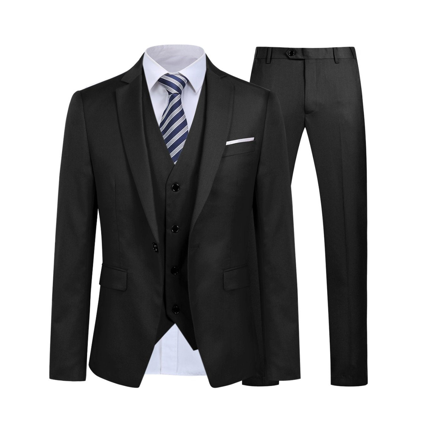 Men's single buttoned jacket and three-piece suit in a solid color.