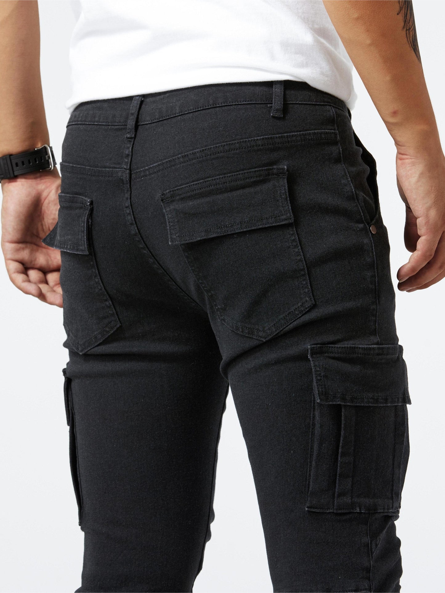 Men's high-stretch denim pants with multiple pockets, suitable for all seasons outdoor activities.