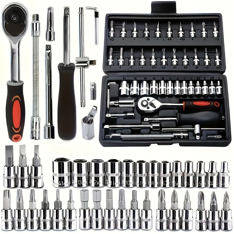 46-piece Chrome Vanadium Steel Mechanic Tool Set, includes heat-treated wrench kit, high torque, portable for car, bike, and motorcycle maintenance.